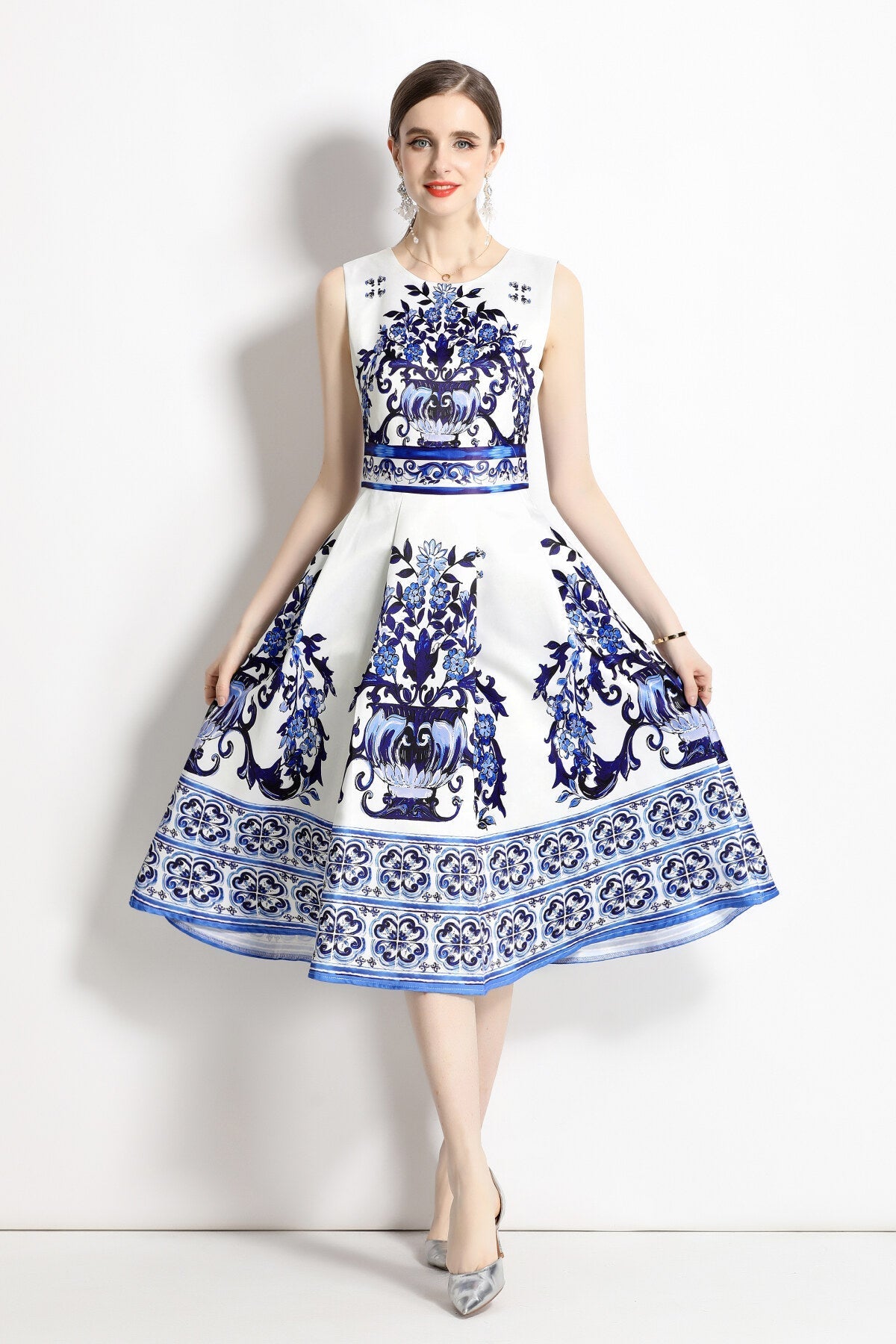 Oriental Printed Slim Fit Midi Dress-2