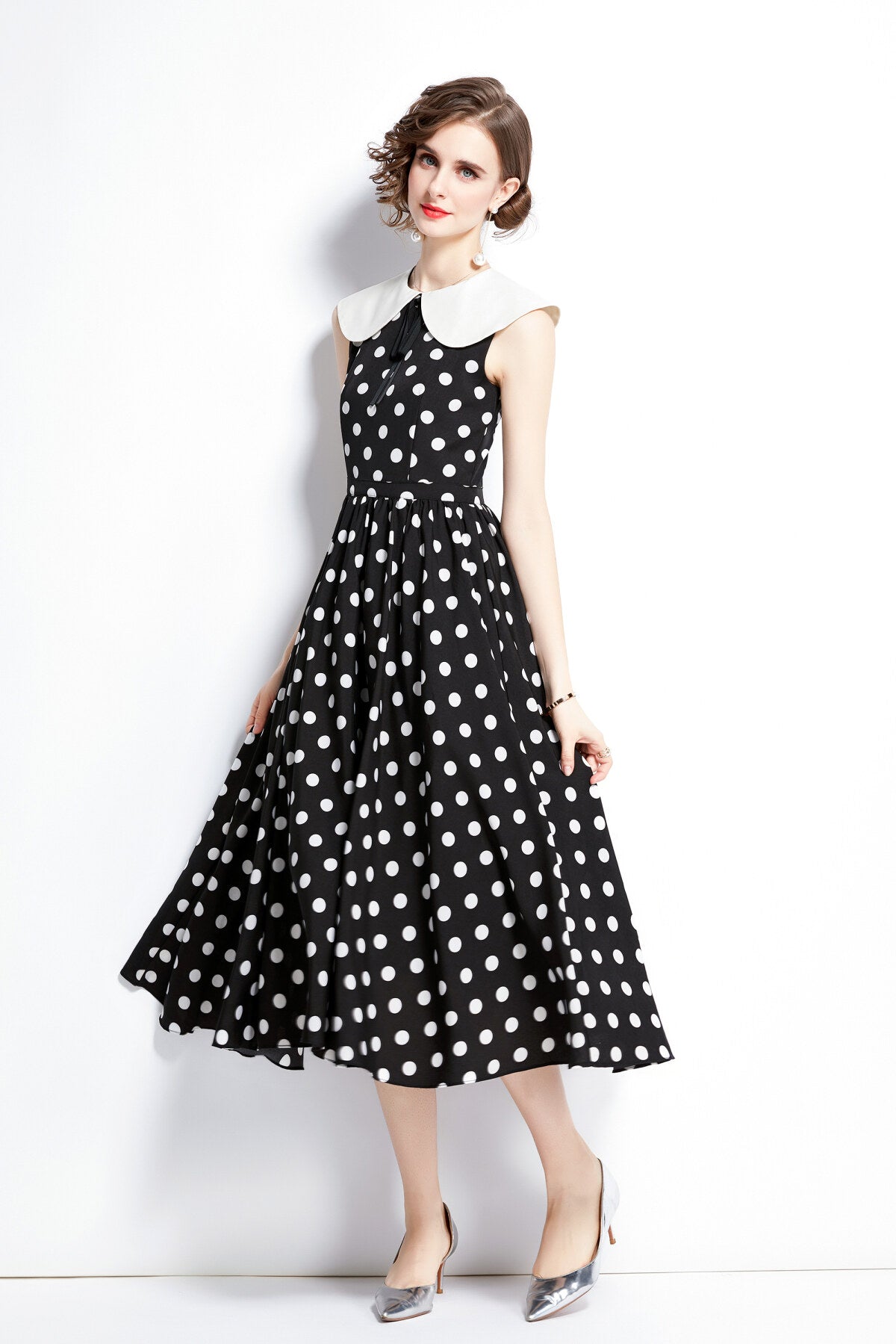 Peter Pan Collar Vintage Polka Dot Midi Dress-1