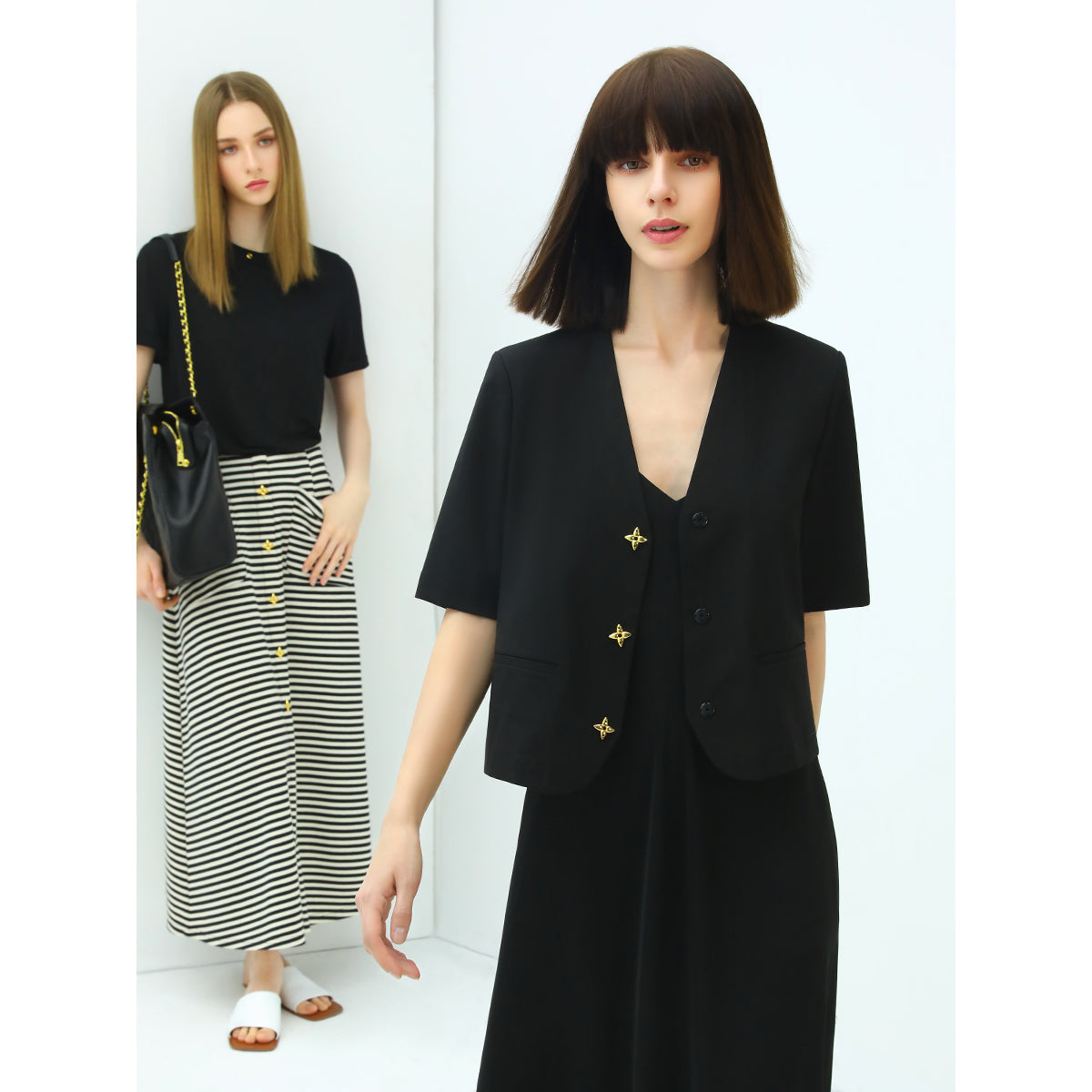 Petite Cropped Black Blazer with Gold Button Embellishments-0