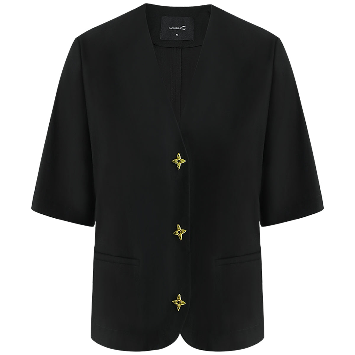 Petite Cropped Black Blazer with Gold Button Embellishments-3