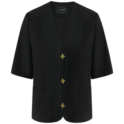Petite Cropped Black Blazer with Gold Button Embellishments-3