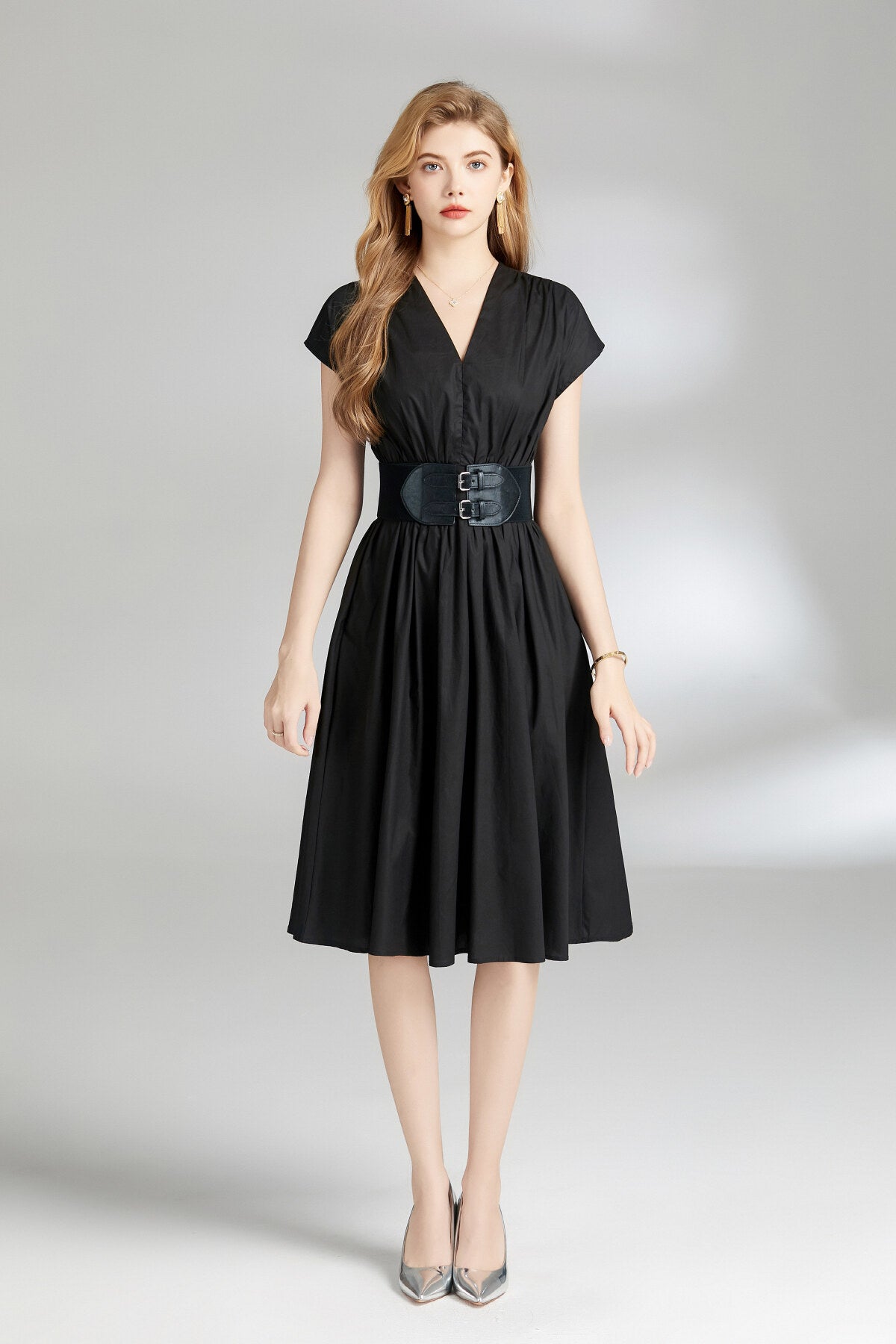 Plunging Neckline Cinched Waist Dress-0