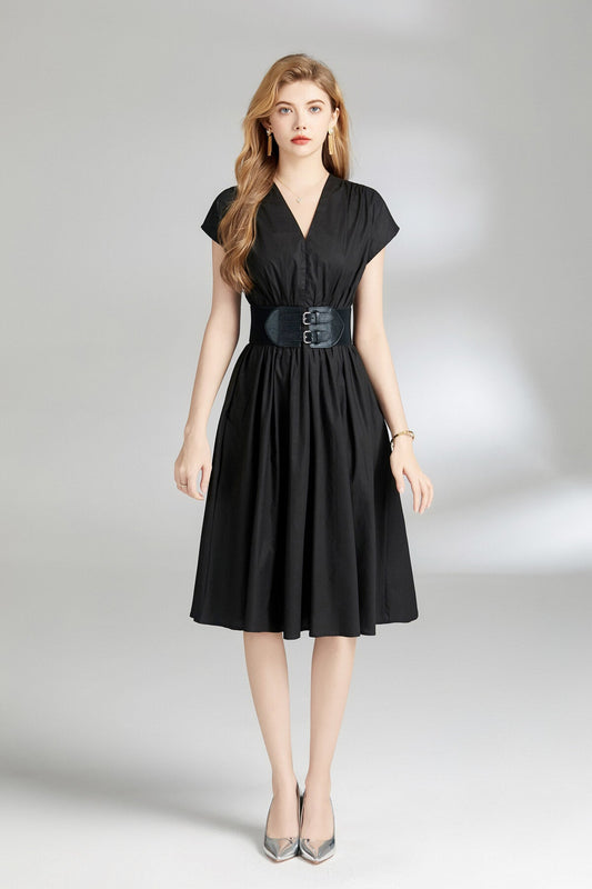 Plunging Neckline Cinched Waist Dress-0