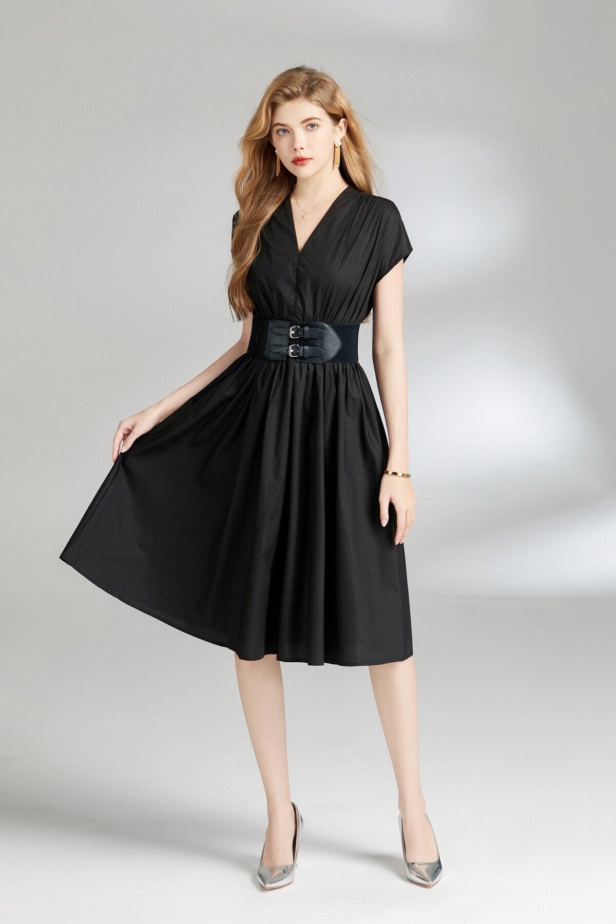 Plunging Neckline Cinched Waist Dress-2