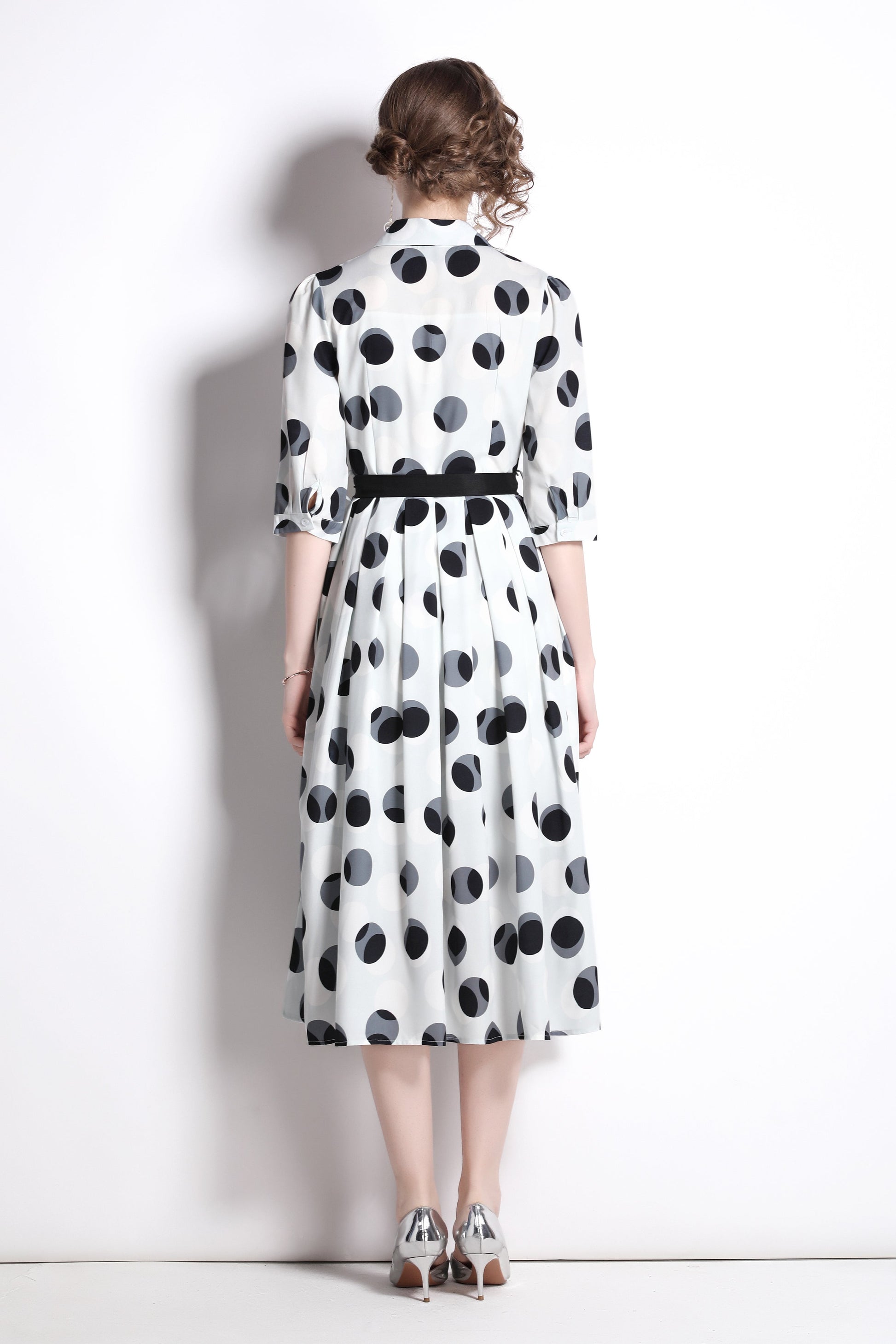 Polka Dot Tie Waist Shirt Dress-3