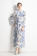 Porcelain Blue Floral Slim Fit Long Sleeve Shirt Dress-0