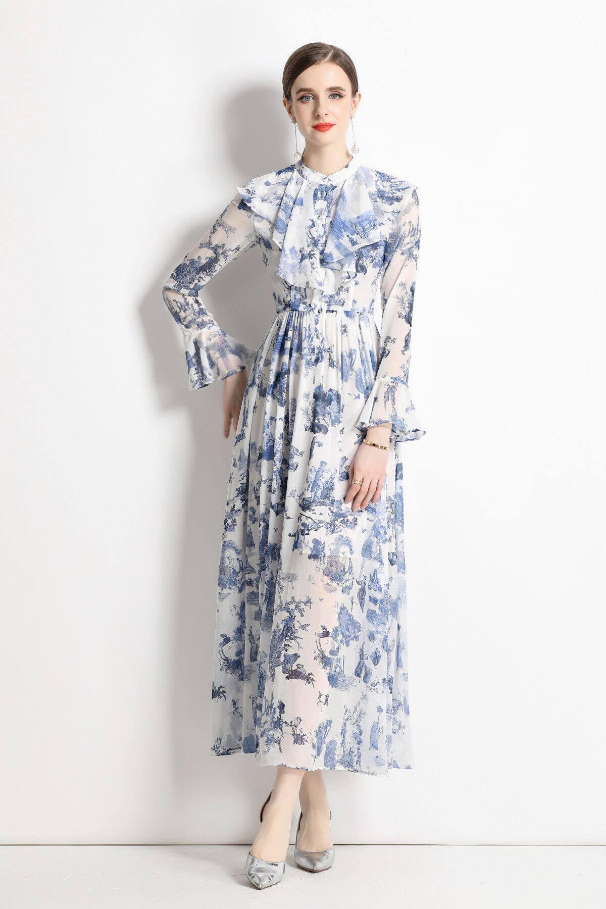 Porcelain Blue Floral Slim Fit Long Sleeve Shirt Dress-0