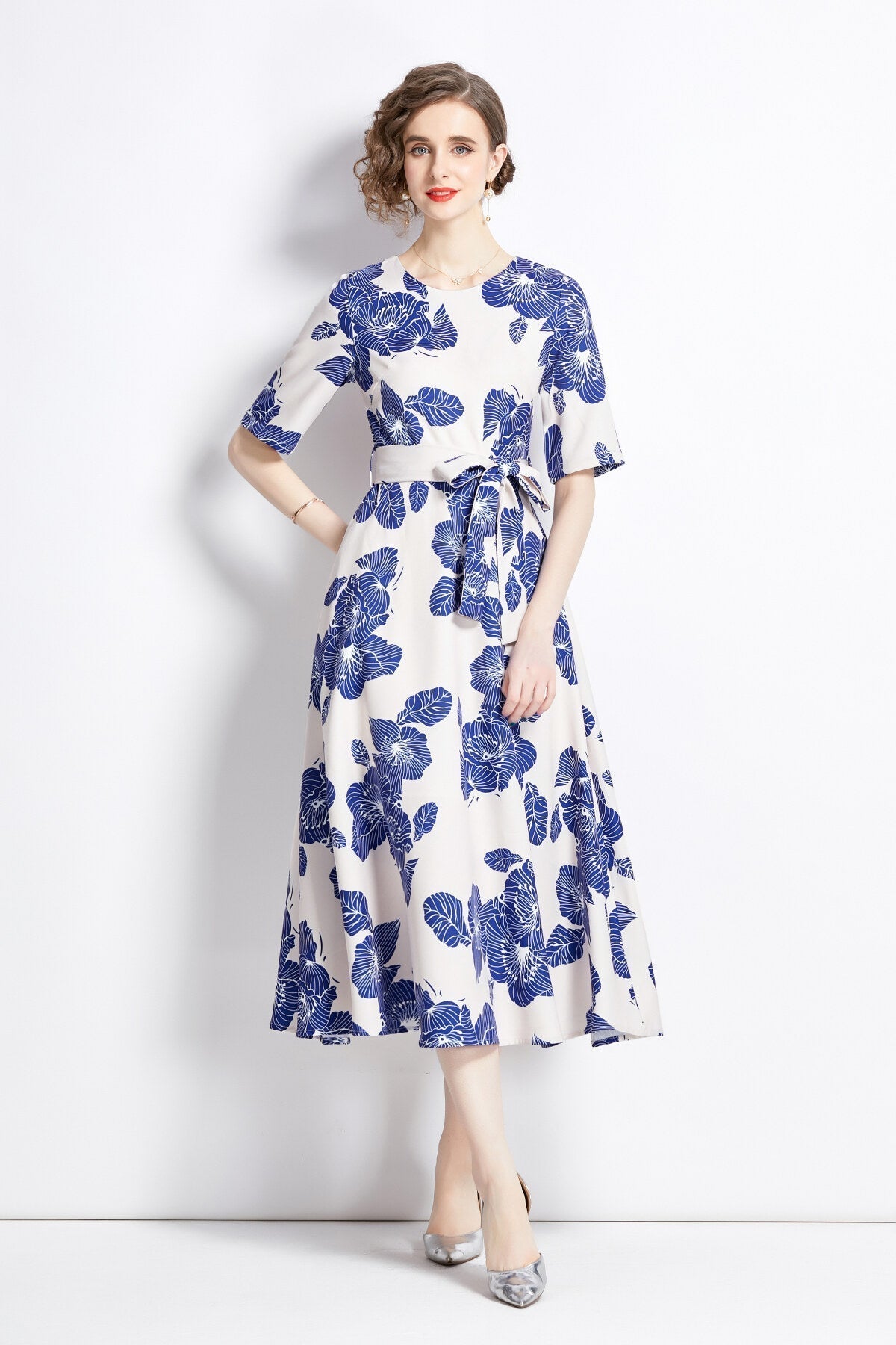 Porcelain Blue Vintage Print Waist Cinching Midi Dress-0