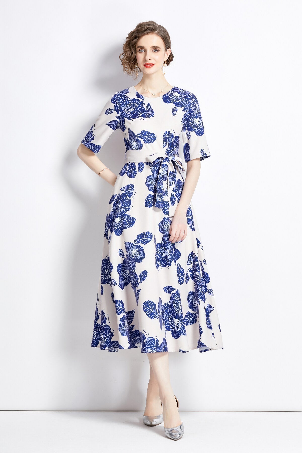 Porcelain Blue Vintage Print Waist Cinching Midi Dress-0