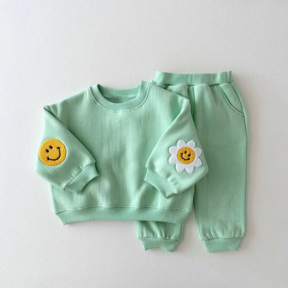 Baby Girls Kids Cartoon Pattern Knitted Crew Neck Casual Pullover Solid Color Pants Set