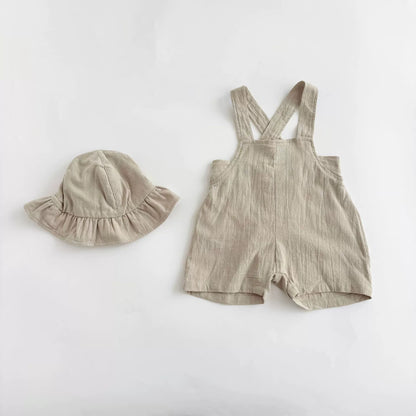 Summer Hot Selling Baby Kids Unisex Sleeveless Simple Plain Strap Rompers Overalls and White T-Shirt Clothing Set