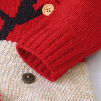 Baby Cartton Pattern Contrast Design Side Button Christmas Knitted Romper