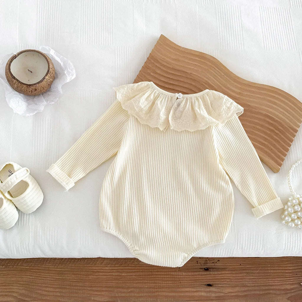 Spring and Autumn Arrival Baby Girls Long Sleeves Floral Embroidery Pattern Collar Base Layer Onesie