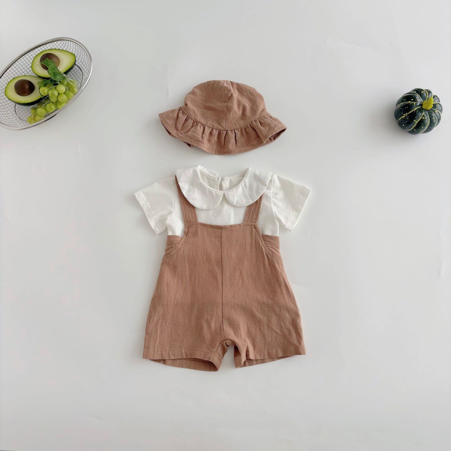 Summer Hot Selling Baby Kids Unisex Sleeveless Simple Plain Strap Rompers Overalls and White T-Shirt Clothing Set