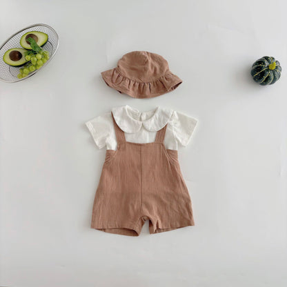 Summer Hot Selling Baby Kids Unisex Sleeveless Simple Plain Strap Rompers Overalls and White T-Shirt Clothing Set