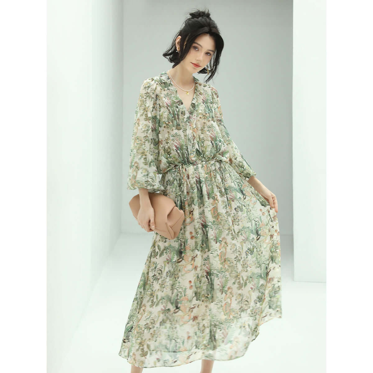 Romantic Floral Long Sleeved Floral Green Midi Dress-0