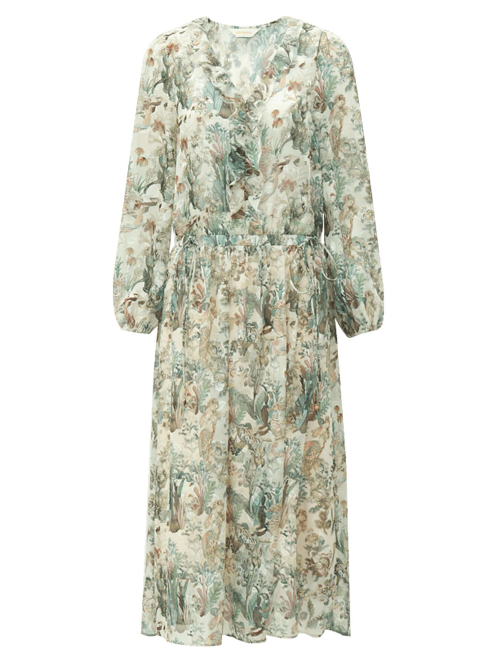 Romantic Floral Long Sleeved Floral Green Midi Dress-3