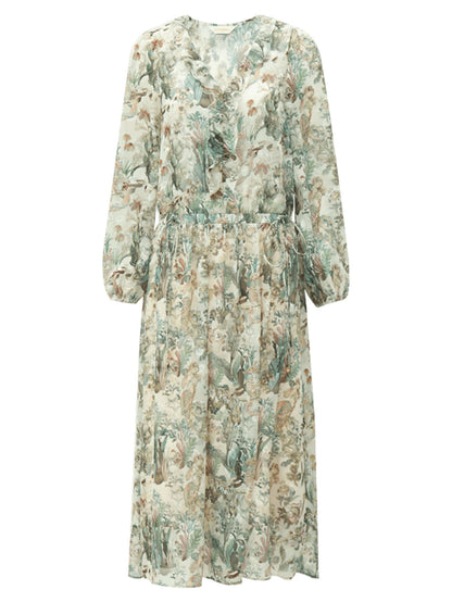 Romantic Floral Long Sleeved Floral Green Midi Dress-3