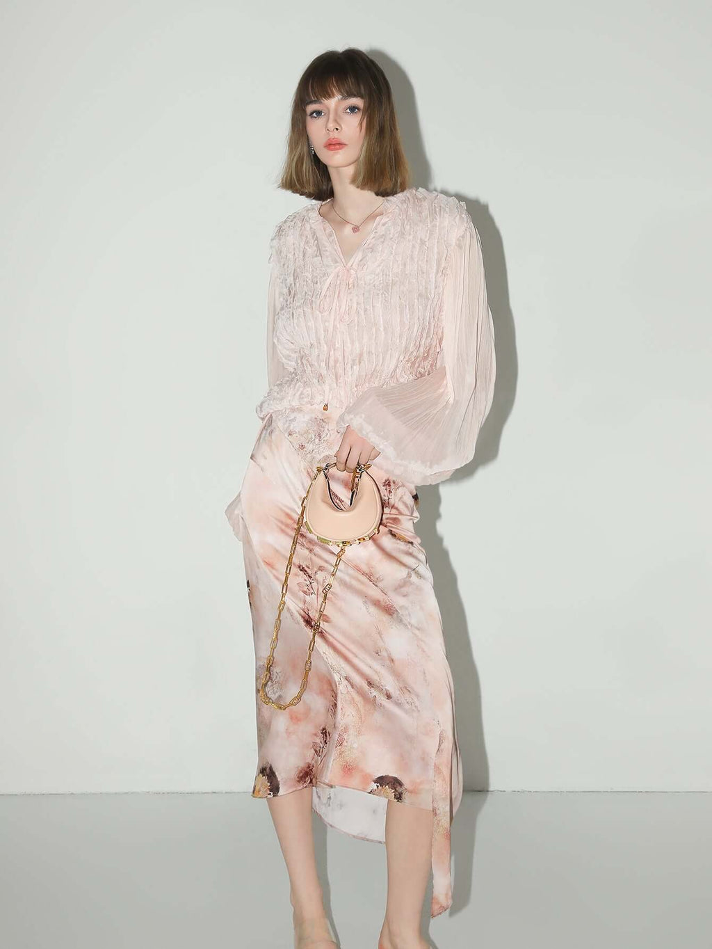 Romantic Soft Pink Blouse with Bubble Sleeves-0