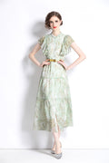 Ruffled Short Sleeve Belted Mint Green Midi Dress-0