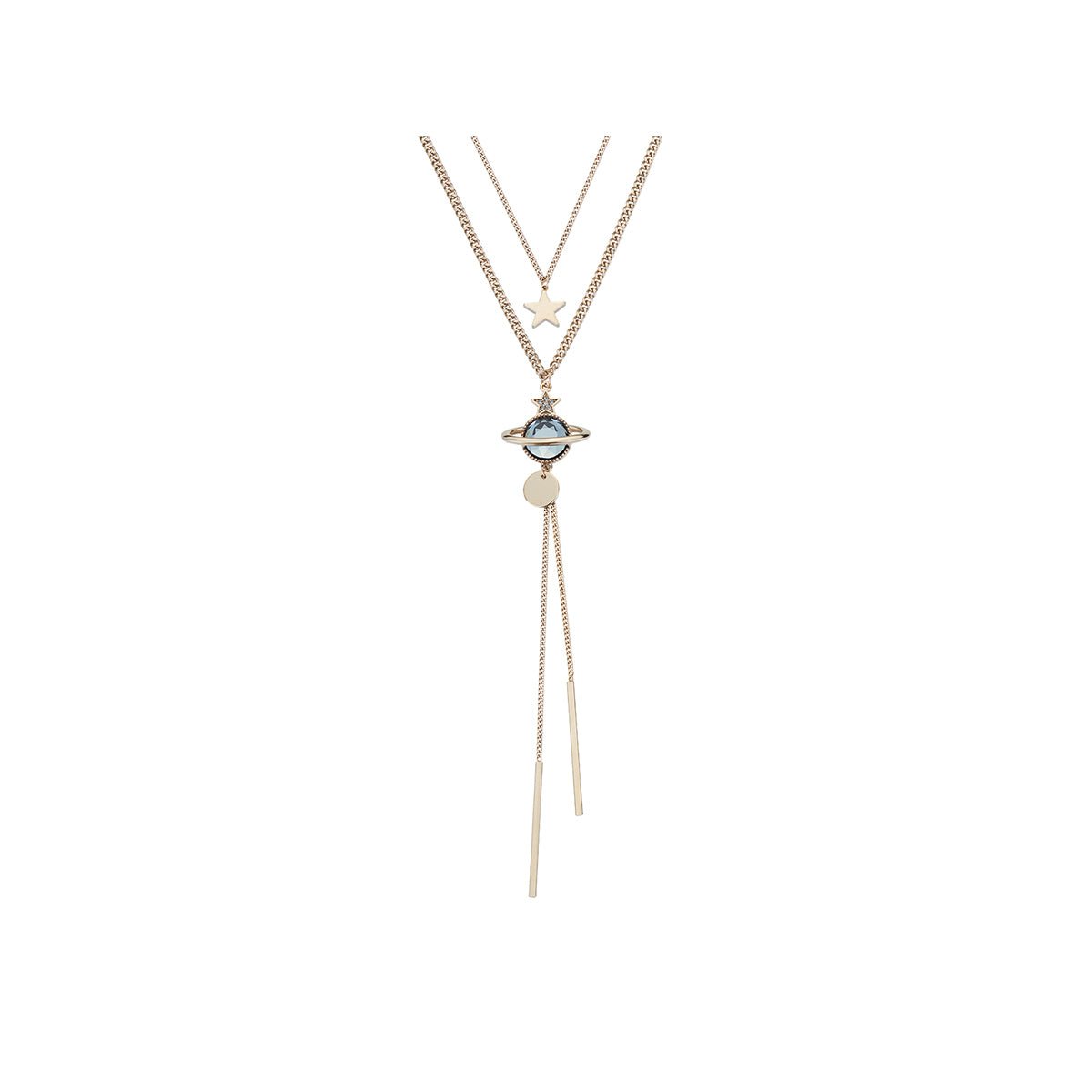 Saturn Planet Pendant Double-layed Gold Necklace-0