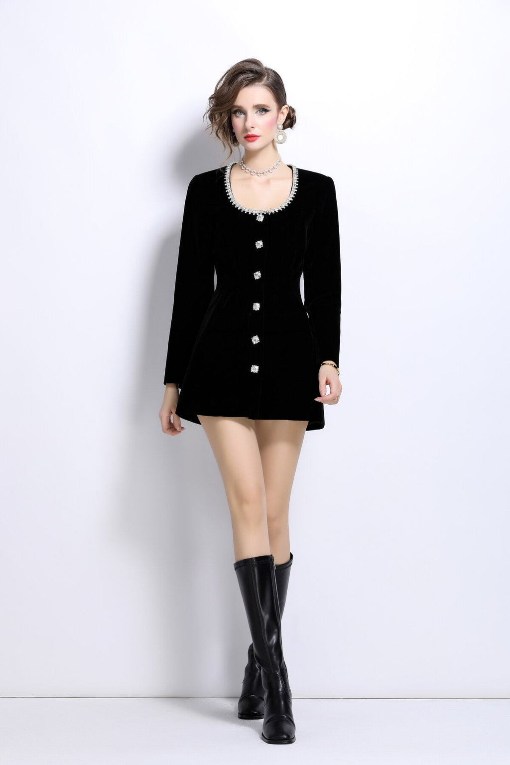 Scoop Neck Button Down Long Sleeve Coat Dress-0