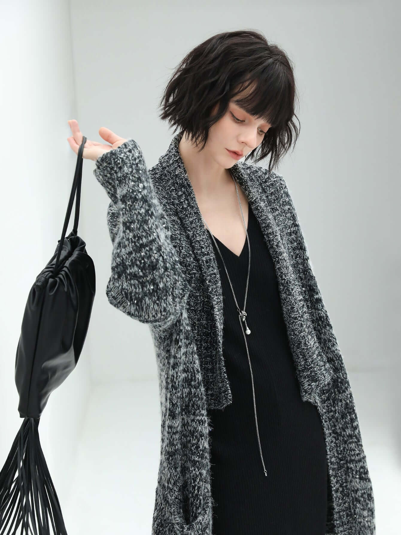 Shawl Collar Long Knitted Cardigan in Charcoal-1