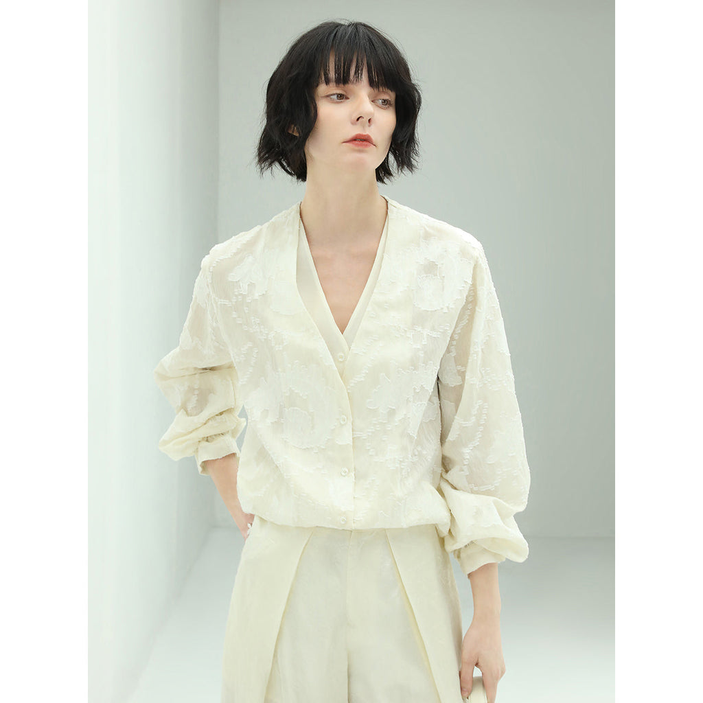 Sheer Floral Ivory Lace Long Sleeve Shirt-1