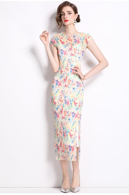 Short Sleeve Double Layer Sheer Rainbow See Through Dress-0