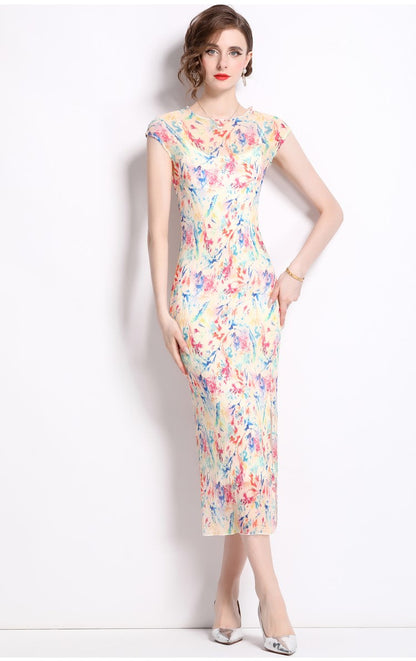 Short Sleeve Double Layer Sheer Rainbow See Through Dress-2