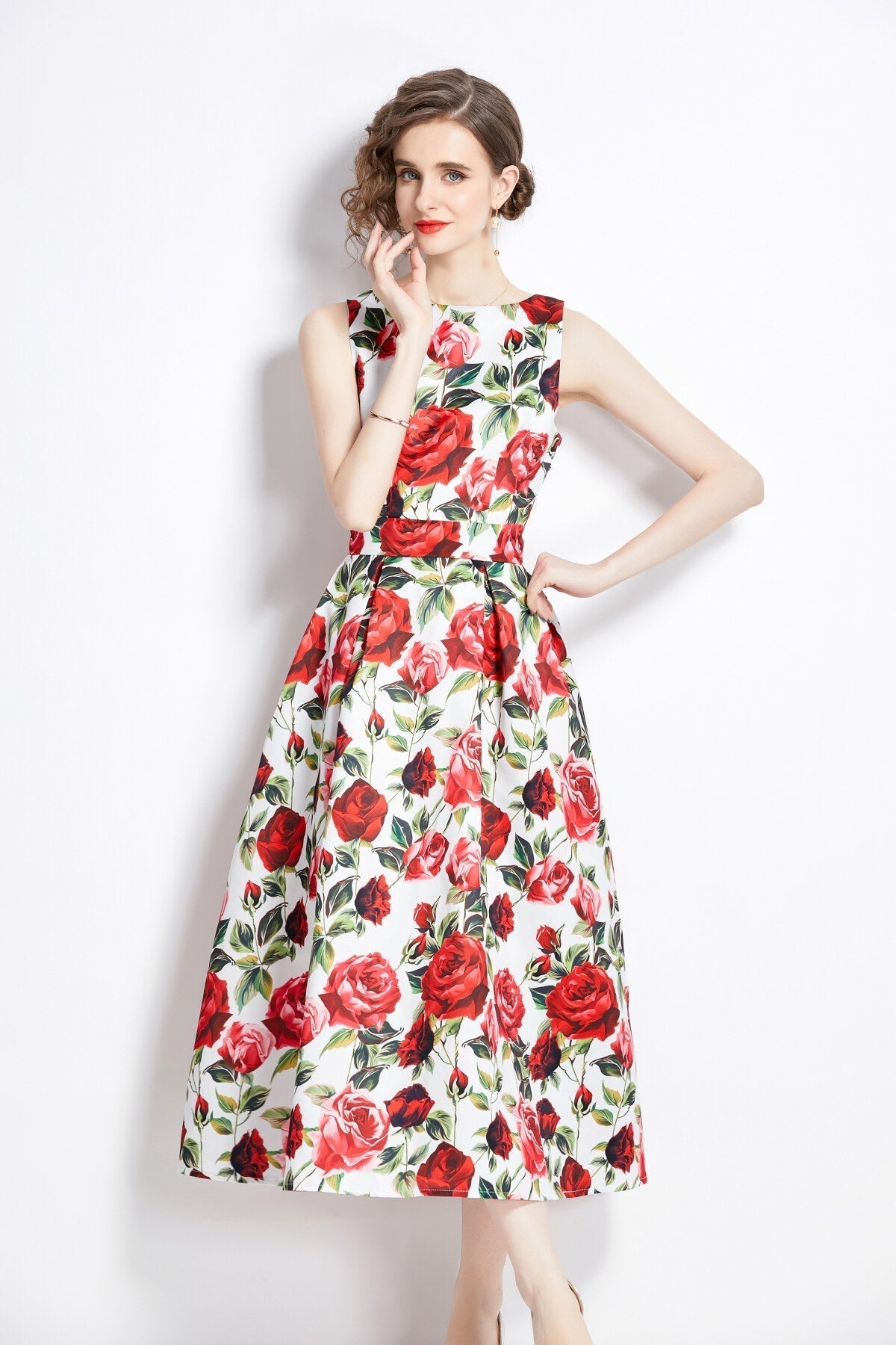 Sleeveless Form Fitting Floral A Line Dress-1