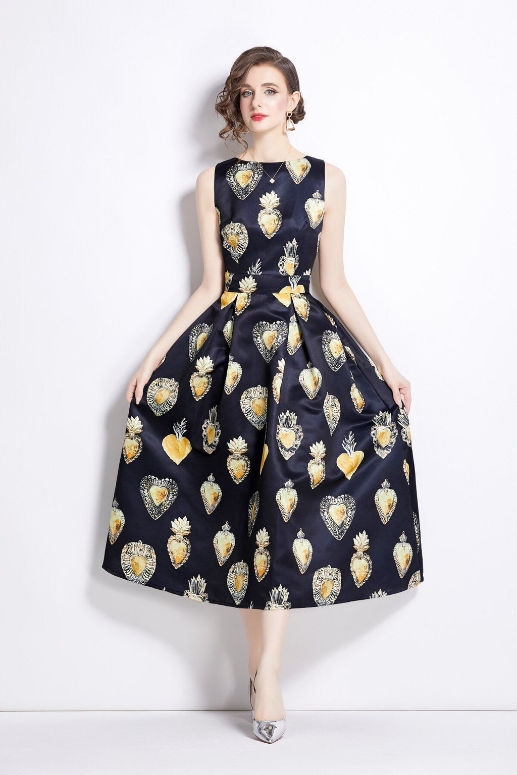 Sleeveless High Waisted A Line Tea Dress-2