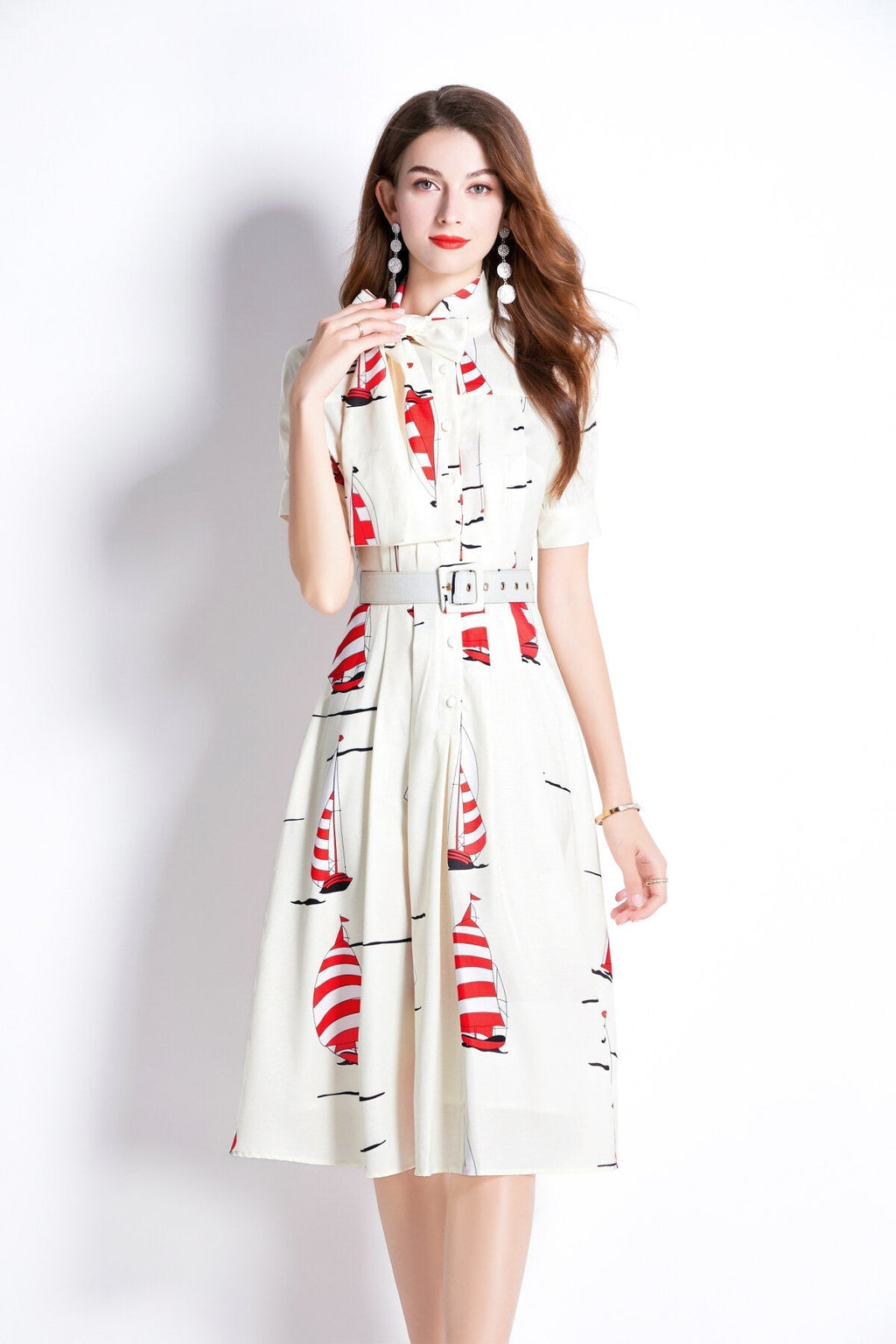 Slim Fit Flattering Sailing French White Flared Dress-2