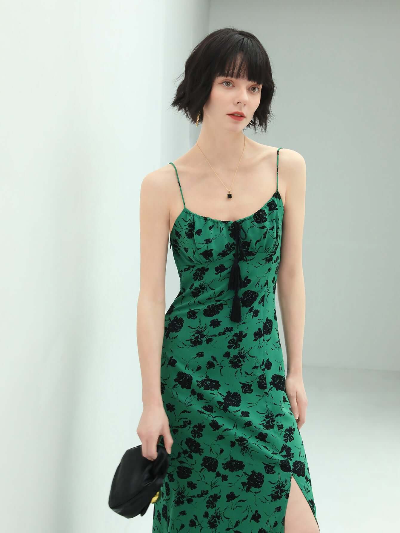 Spaghetti Strap Floral Green Maxi Dress with Side Slit-2
