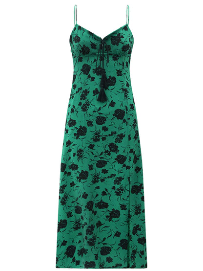 Spaghetti Strap Floral Green Maxi Dress with Side Slit-3