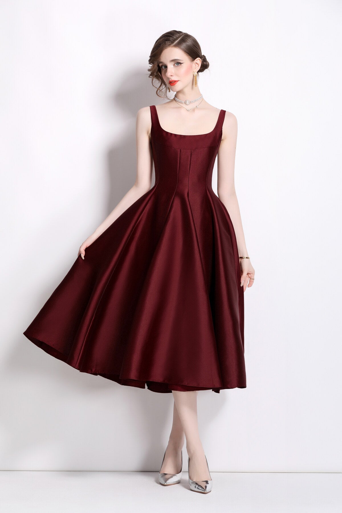 Spaghetti Strap Waist Cinching Maroon Cocktail Dress-1