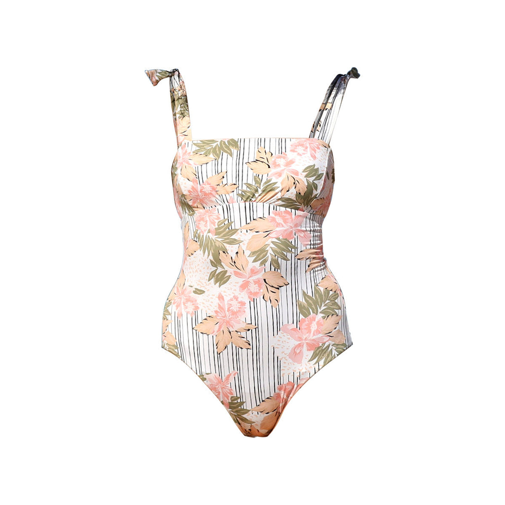 Square Neck Shoulder Tie One Piece Swimsuit-3