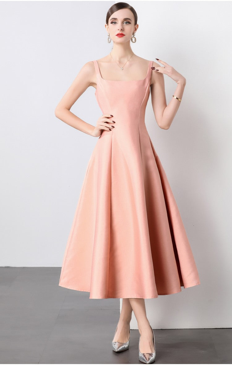 Square Neck Thick Strap Long Flared Ballerina Dress-0