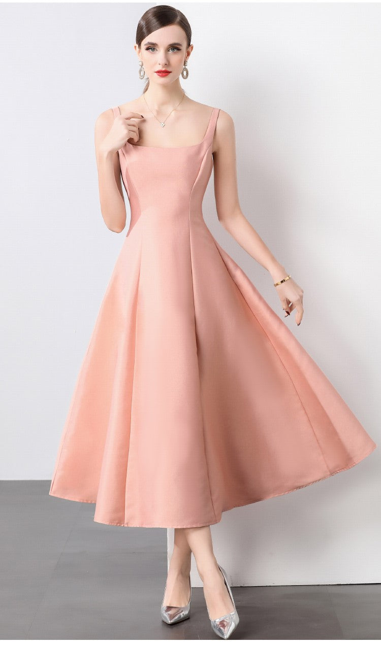 Square Neck Thick Strap Long Flared Ballerina Dress-2