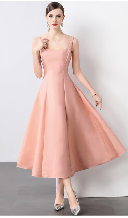 Square Neck Thick Strap Long Flared Ballerina Dress-2