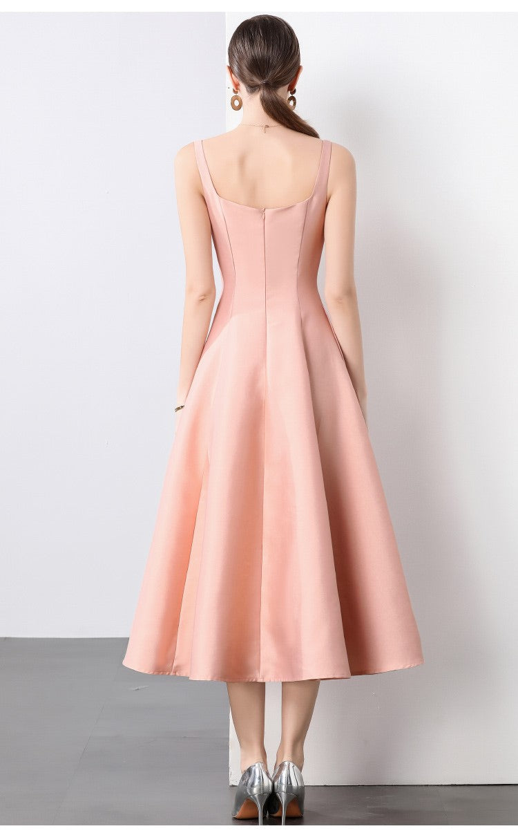 Square Neck Thick Strap Long Flared Ballerina Dress-3