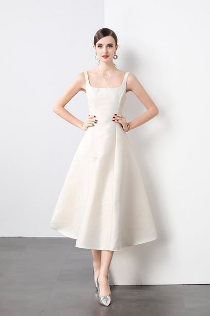 Square Neck Thick Strap Long Flared Ballerina Dress-4