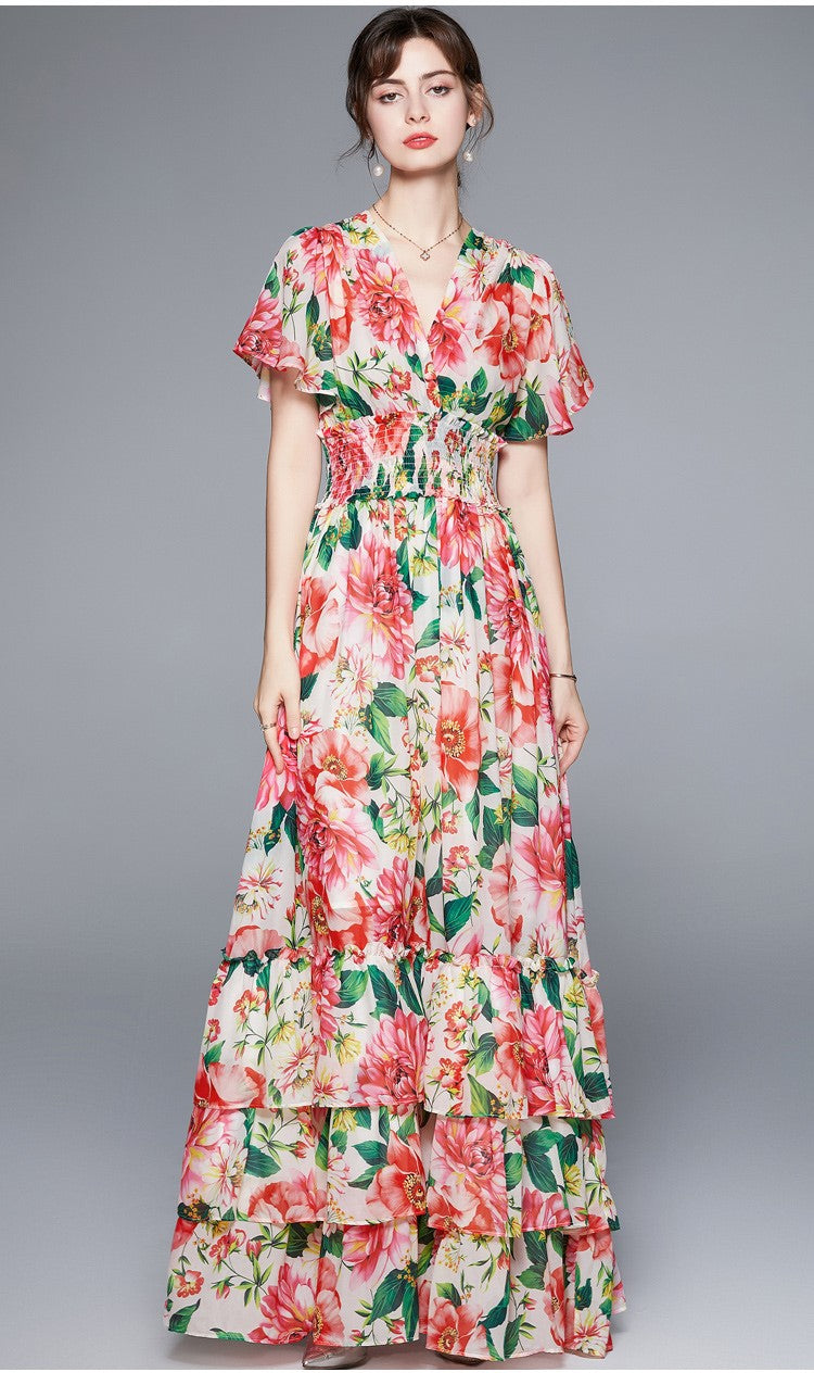 Stretchy Floral V Neck Ruffled Waist Maxi  Dress-0