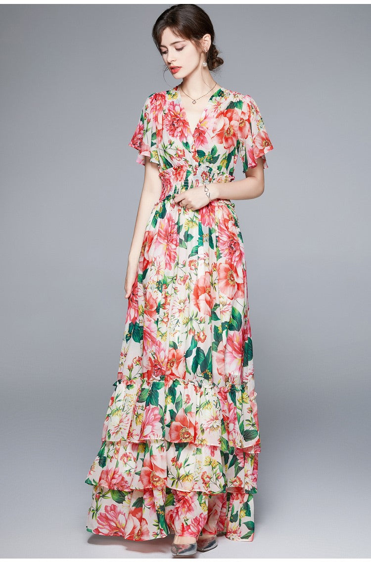 Stretchy Floral V Neck Ruffled Waist Maxi  Dress-1