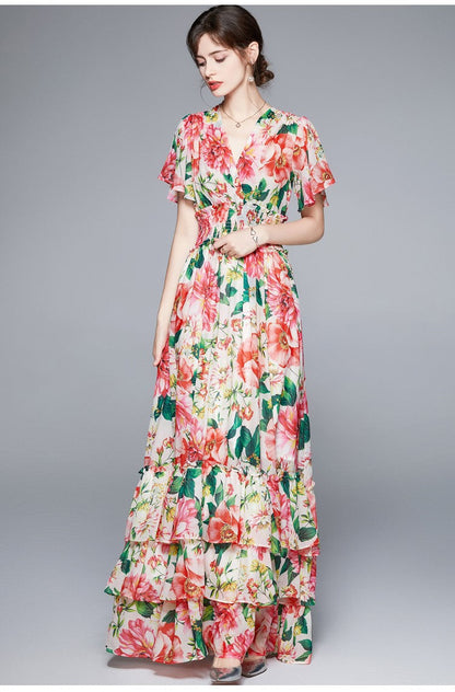 Stretchy Floral V Neck Ruffled Waist Maxi  Dress-1