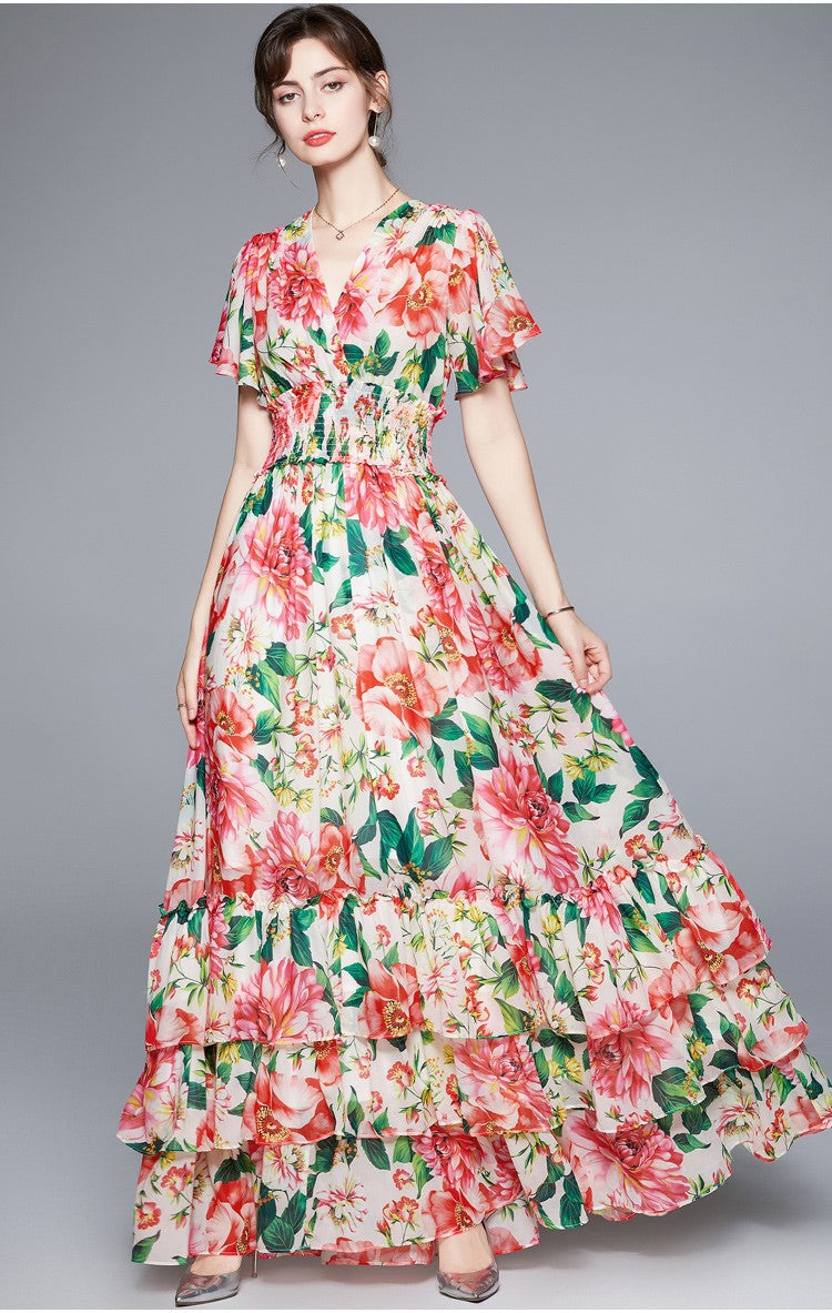 Stretchy Floral V Neck Ruffled Waist Maxi  Dress-2