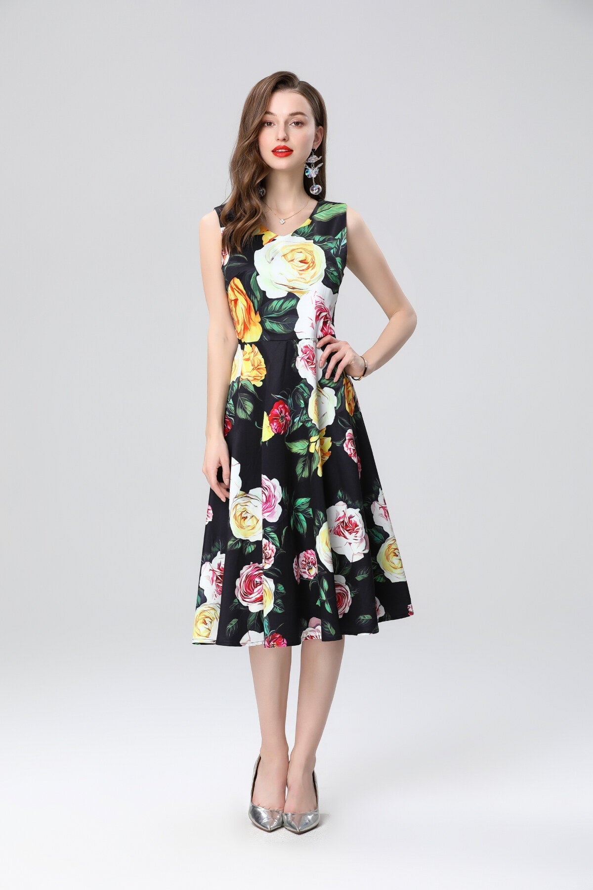 Structured A Line Floral Black Dress-0