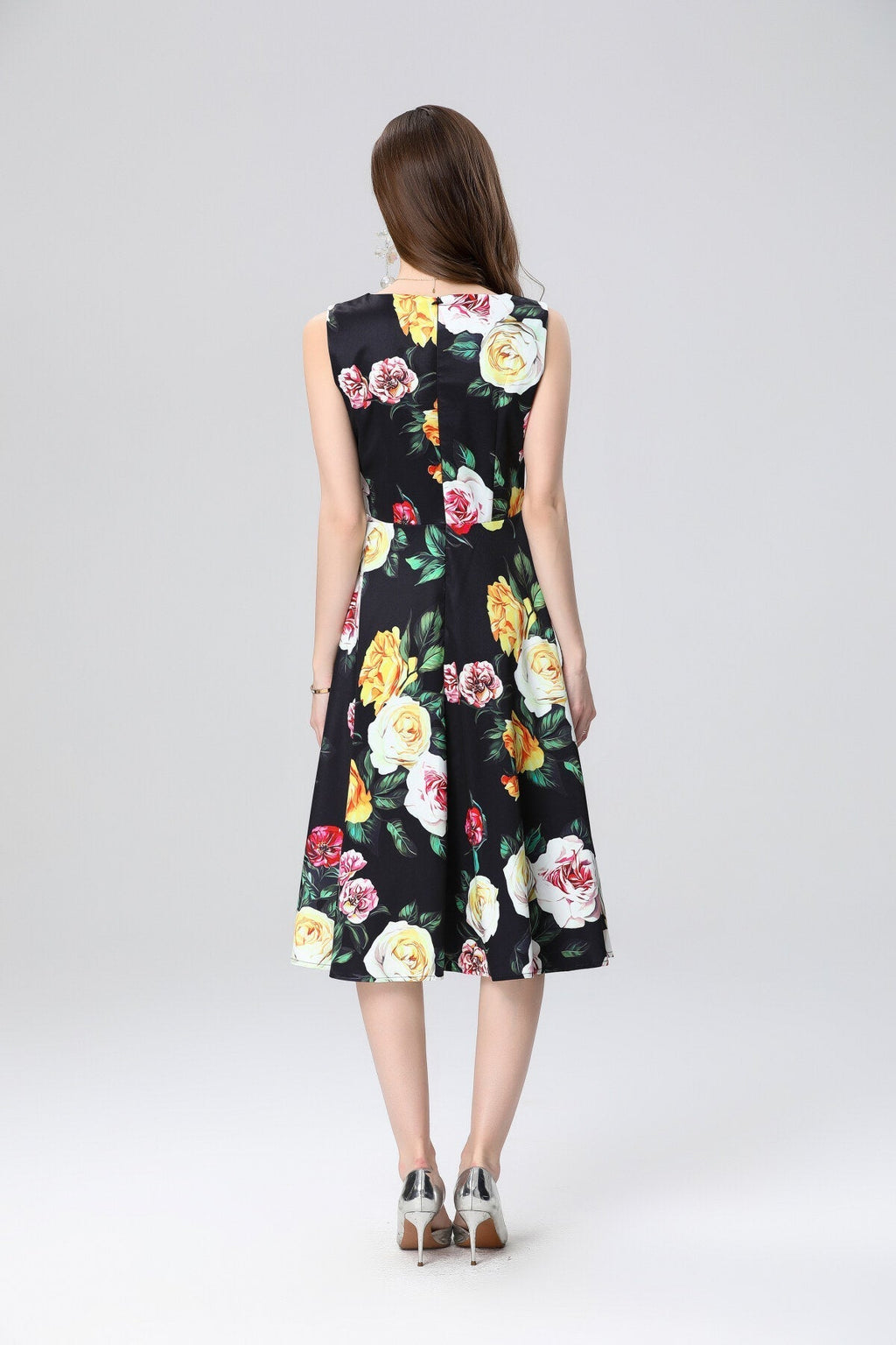 Structured A Line Floral Black Dress-3