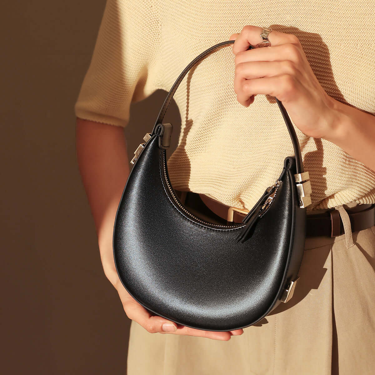 Structured Leather Crescent Moon Bag-0