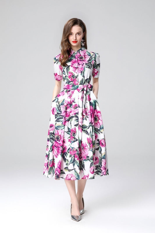 Summery Floral Midi Shirt Dress-0